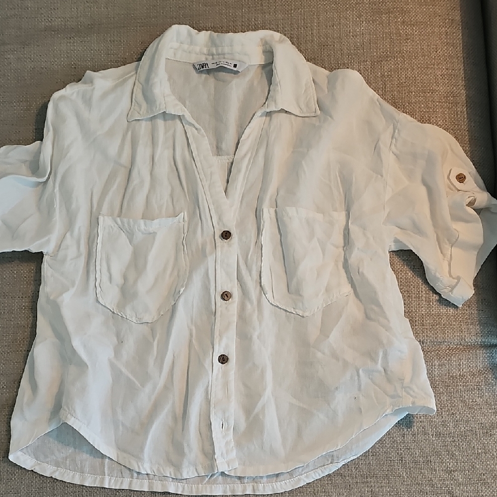 Zara Short Sleeve White Button-Up Shirt